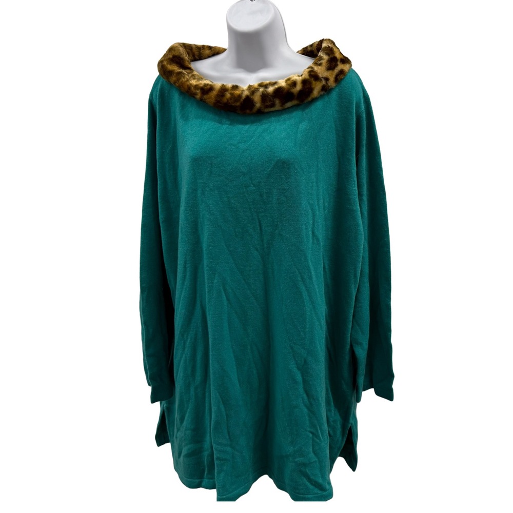 Teal Delta Burke Scoop Neck Tunic Sweater W/Removable Faux Fur Collar Sz 2x Y2K